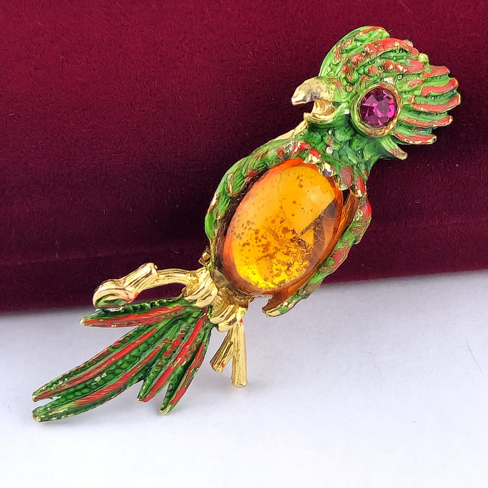 Vintage Enamel Parrot Bird Brooch Amber Color Cabochon Gold Tone Tropical Pin